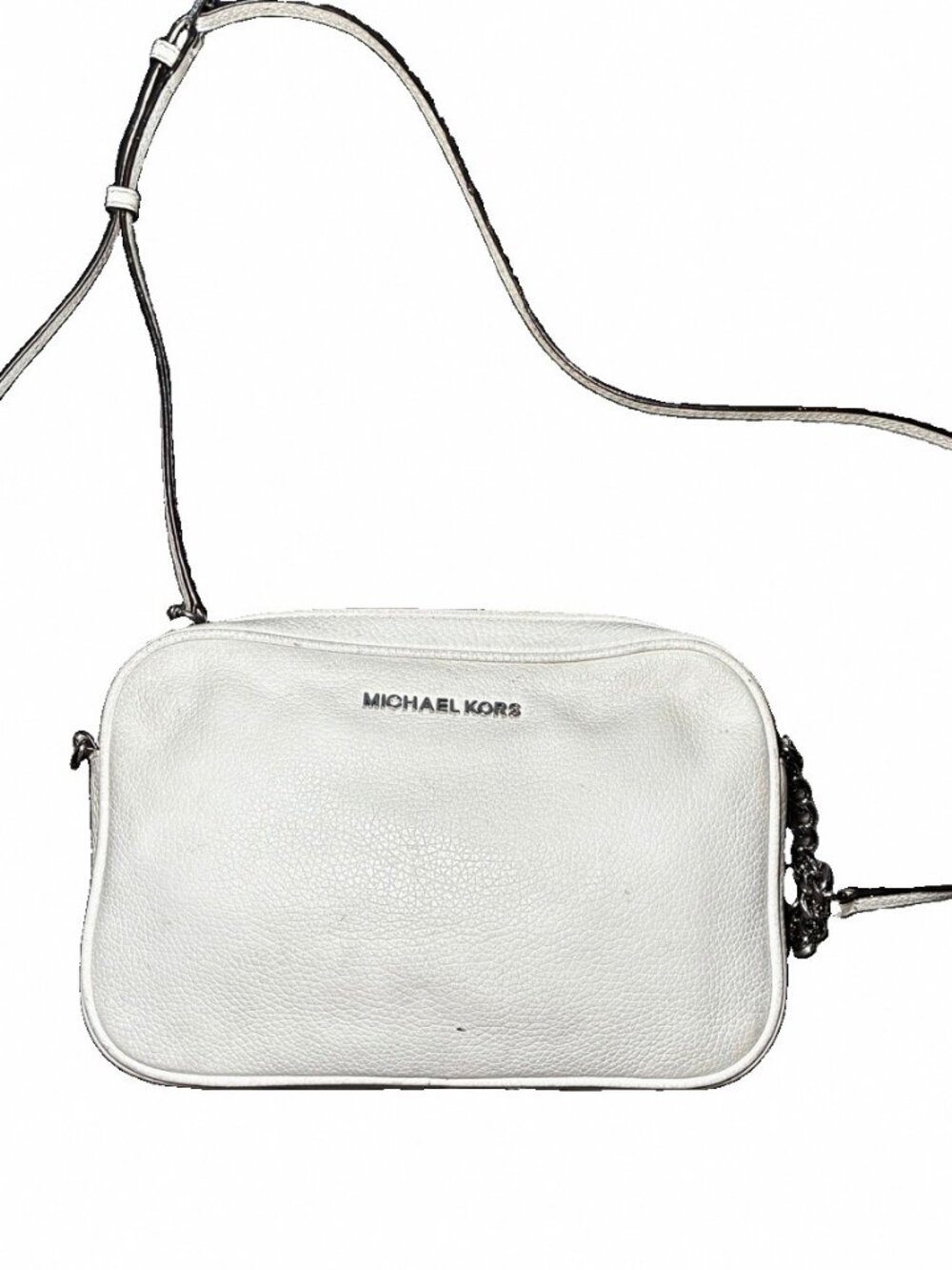 Michael Kors Jet Set Crossbody Camera Bag Optic White Pebbled Leather Chain Stra